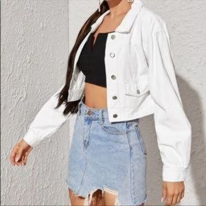 White denim jean jacket white cropped long sleeve